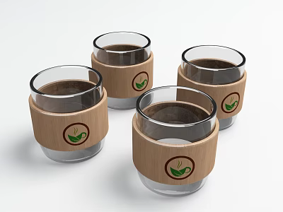 Set Of Four Transparent Glass Cups With Wooden Sleeves And Green Leaf Patterns 3d model
