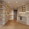 Light Warm Modern Living Dining Space With Custom Display Cabinets And Built In Kitchen Appliances