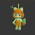 Game and Movie Character with Red Hair Cat Ears in Orange Overalls Holding Cactus Pot
