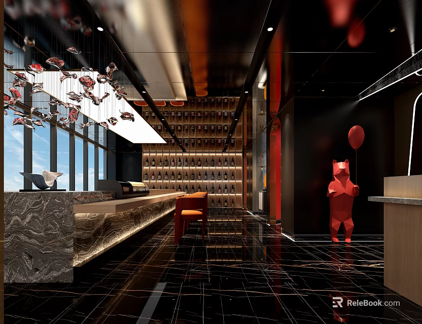 Japanese Restaurant Open Kitchen With Marble Bar Wine Rack Red Sculpture Black Tiles Large Windows 3d model 