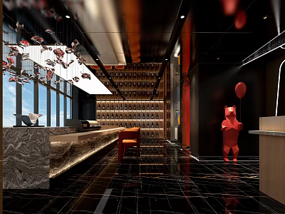Japanese Restaurant Open Kitchen With Marble Bar Wine Rack Red Sculpture Black Tiles Large Windows 3d model