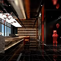 Japanese Restaurant Open Kitchen With Marble Bar Wine Rack Red Sculpture Black Tiles Large Windows
