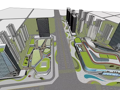 Modern Commercial Complex Design With High rise Buildings Green Open Spaces And Central Roadway 3d model