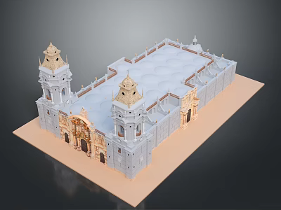 Elaborate Classical Building Model Featuring Twin Towers Golden Domes And Ornate Base 3d model