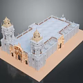 Elaborate Classical Building Model Featuring Twin Towers Golden Domes And Ornate Base