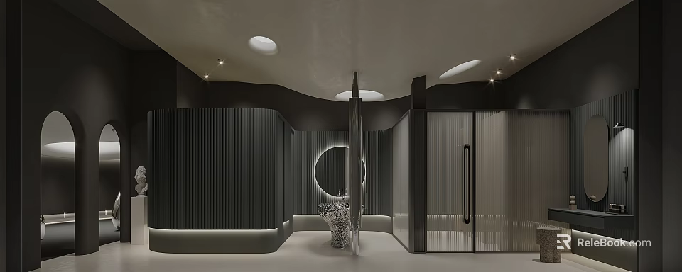 Modern Luxury Bathroom Interior With Circular Mirror Glass Partition And Dark Paneled Walls 3d model 