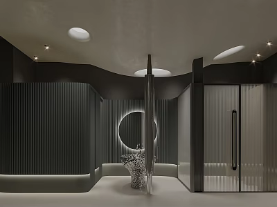 Modern Luxury Bathroom Interior With Circular Mirror Glass Partition And Dark Paneled Walls 3d model