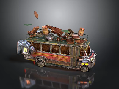 Old Vintage Bus Loaded With Miscellaneous Items On Top And Worn Exterior 3d model