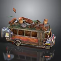 Old Vintage Bus Loaded With Miscellaneous Items On Top And Worn Exterior