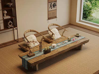 Traditional Japanese Tea Room With Tatami Mat Wooden Tea Table Woven Cushions And Calligraphy Scroll 3d model