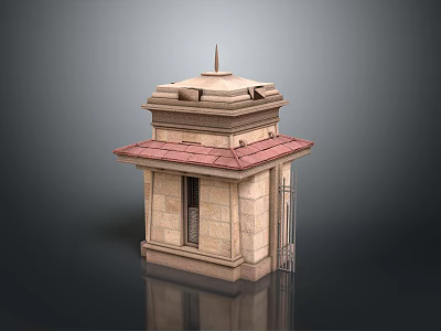 Traditional Stone Pavilion Structure With Red Tiled Roof Spire And Wooden Door 3d model