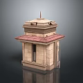 Traditional Stone Pavilion Structure With Red Tiled Roof Spire And Wooden Door