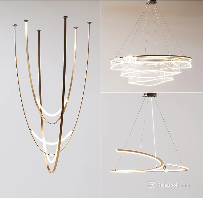 Modern Minimalist Lighting Combinations with Curved Circular Multi layered Hanging Pendant Lamps 3d model 