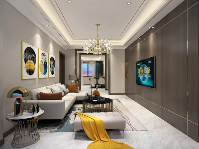 Elegant Modern Living Dining Room Interior With Chandelier Framed Paintings And Sofa 3d model