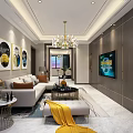 Elegant Modern Living Dining Room Interior With Chandelier Framed Paintings And Sofa