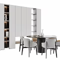 Modern Round Dining Table Set With Light Chairs And White Storage Cabinet 3d model