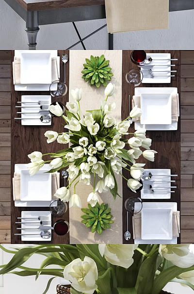 Elegant Dark Wooden Dining Table Set With White Tulips Plates Napkins And Cutlery 3d model
