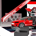 Tesla Exhibition Booth Featuring Red Car Display Large Screens And Modern Design 3d model
