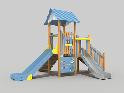 Outdoor Playground Equipment With Blue Roof Wooden Structure Double Slides And Yellow Accents For Kids 3d model