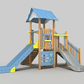 Outdoor Playground Equipment With Blue Roof Wooden Structure Double Slides And Yellow Accents For Kids