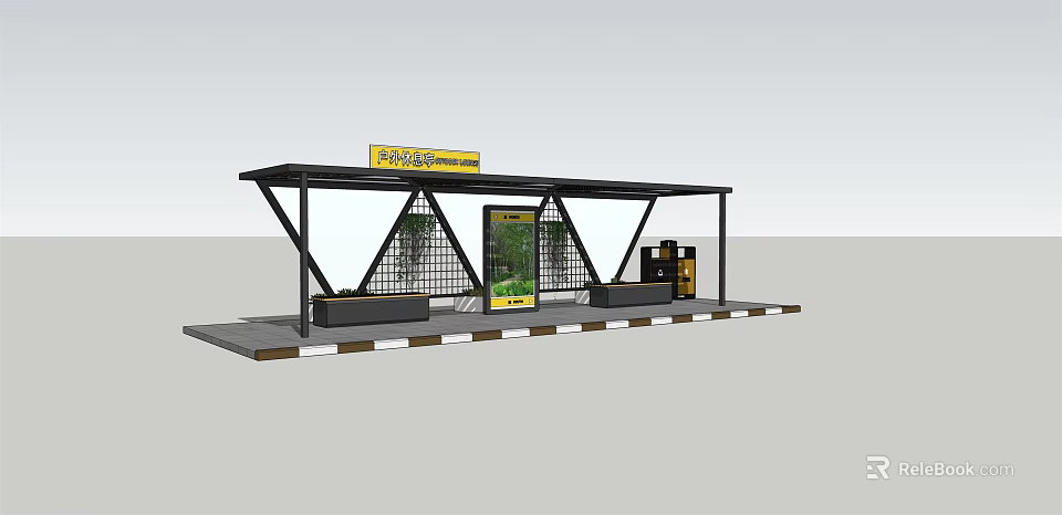 Modern Public Transport Shelter Design With Yellow Sign Advertisement And Seats 3d model 