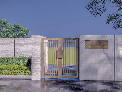 Elegant Modern Entrance Gate With Metal Grille Stone Wall And Lush Greenery 3d model