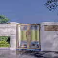Elegant Modern Entrance Gate With Metal Grille Stone Wall And Lush Greenery