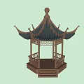 Elegant Traditional Chinese Garden Ornament With Blue Roof Upturned Eaves And White Railings