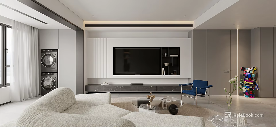 Modern Living Dining Area Interior Design With TV Wall White Sofa Blue Chair Coffee Table 3d model 
