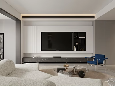 Modern Living Dining Area Interior Design With TV Wall White Sofa Blue Chair Coffee Table 3d model