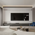 Modern Living Dining Area Interior Design With TV Wall White Sofa Blue Chair Coffee Table