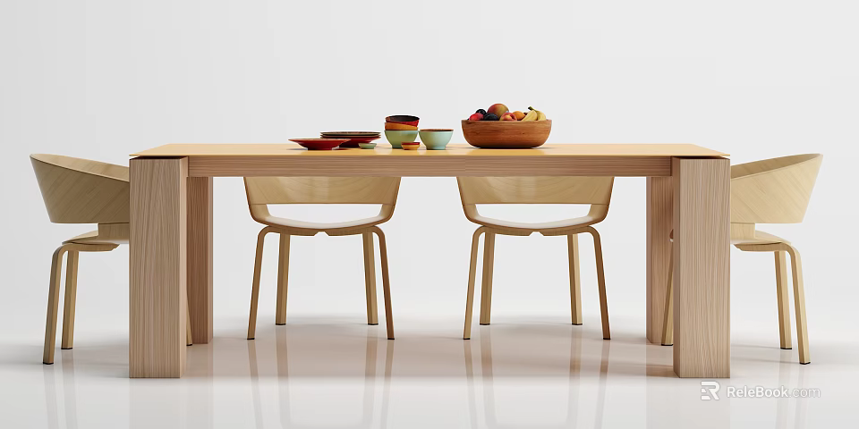 Wooden Dining Table Set With Matching Chairs Fruit Bowl And Tableware 3d model