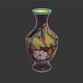 Decorative Dark Green Vase With Golden Rim And Colorful Floral Patterns