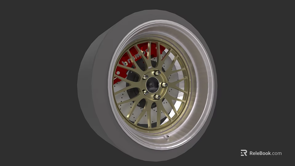 Car Alloy Wheel With Golden Spokes Red Brake Calipers And Silver Rim 3d model 