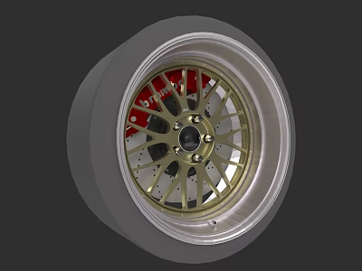Car Alloy Wheel With Golden Spokes Red Brake Calipers And Silver Rim 3d model