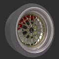 Car Alloy Wheel With Golden Spokes Red Brake Calipers And Silver Rim