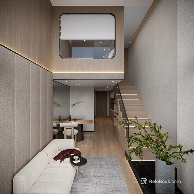 Modern Loft Living Room With Sofa Staircase And Plants 3d model