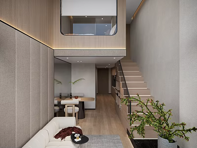 Modern Loft Living Room With Sofa Staircase And Plants 3d model