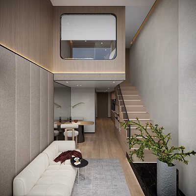 Modern Loft Living Room With Sofa Staircase And Plants 3d model