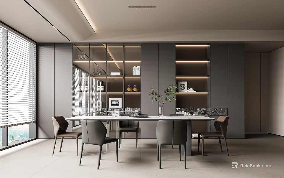 Modern Restaurant Interior With Open Concept Dining Table Chairs Cabinets Green Plant And Warm Lighting 3d model 