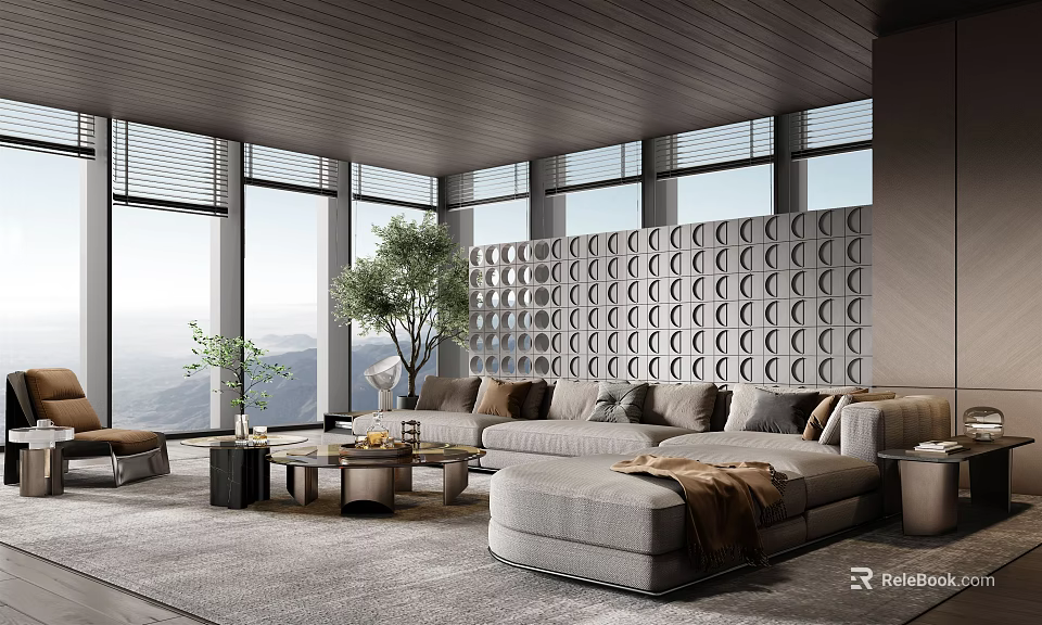 Modern Living Room Interior With Large Windows L Shaped Sofa Coffee Table And Decorative Wall 3d model 