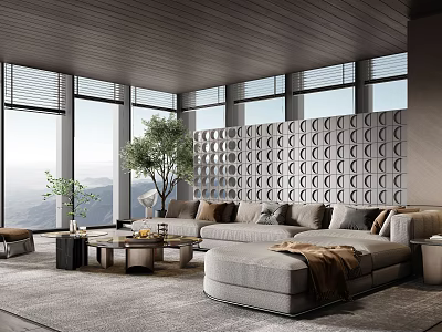 Modern Living Room Interior With Large Windows L Shaped Sofa Coffee Table And Decorative Wall 3d model