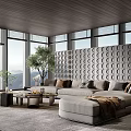 Modern Living Room Interior With Large Windows L Shaped Sofa Coffee Table And Decorative Wall