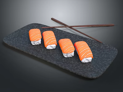 Delicious Fresh Salmon Sushi Rolls Placed On Black Stone Plate With Chopsticks 3d model