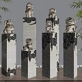 Stone Pillars Featuring Stone Lion Statues And Black Cloud Patterns With Green Plants