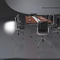 Wooden Conference Table With White Center Stripe Eight Chairs And Laptop Phone Water Cups Setup