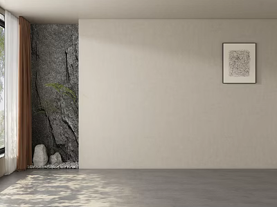 Sofa Background Wall Design With Stone Texture Green Plant Artwork Gray Floor And Natural Light 3d model