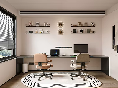 Modern Study Room Interior With Double Chairs Desk Computers Decorative Shelves And Window Blinds 3d model