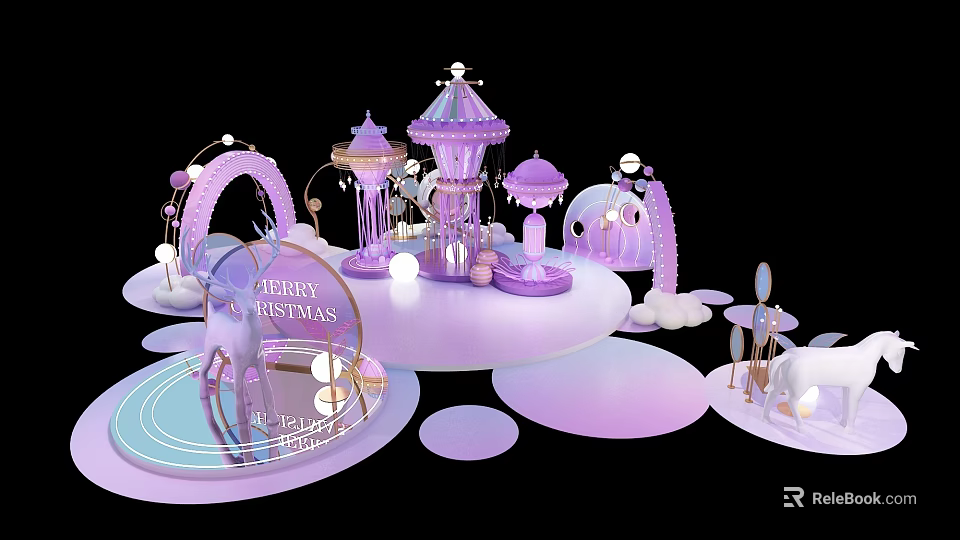 Festive Christmas Decoration Scene With Purple Carousel Arched Structures And Deer Ornament 3d model