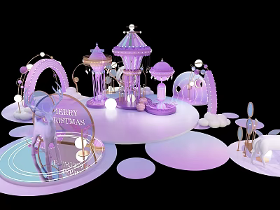 Festive Christmas Decoration Scene With Purple Carousel Arched Structures And Deer Ornament 3d model